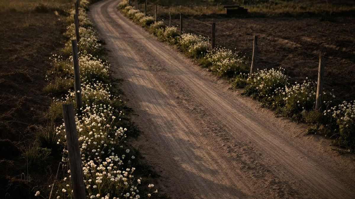 Imagen ilustrativa: vista cenital de un camino de tierra entre campos abiertos, con flores blancas y postes de madera al atardecer