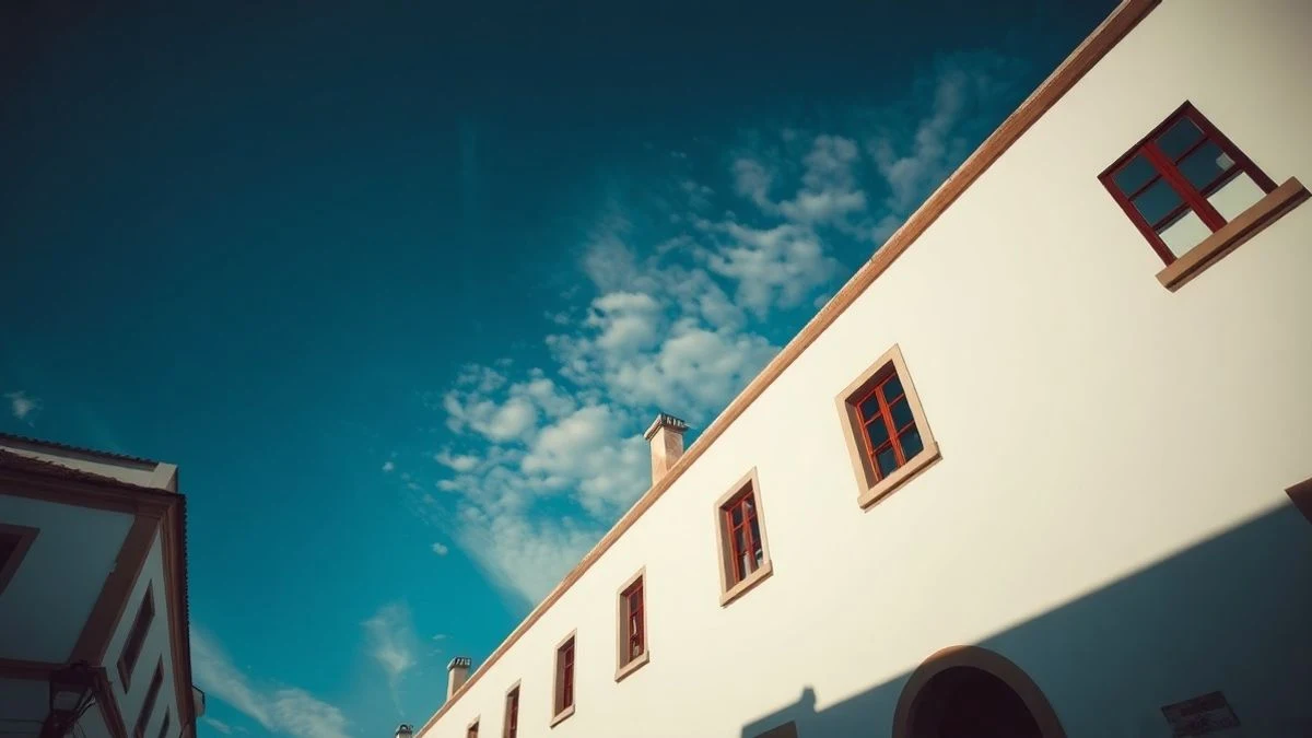 Calle de Huelva con fachadas blancas y cielo despejado al mediodía