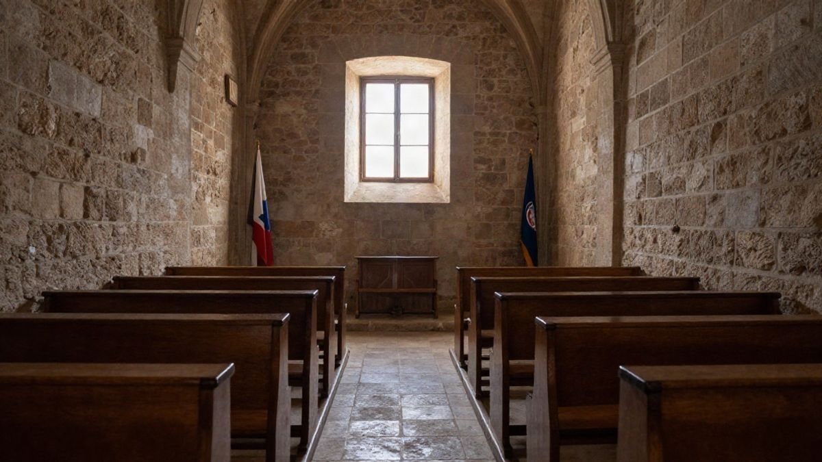 Imagen ilustrativa: interior de una iglesia histórica con bancos de madera y luz de ventana lateral