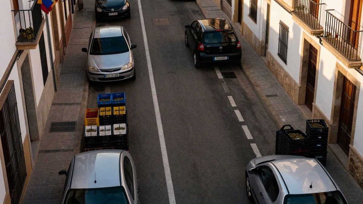 Imagen ilustrativa: vista cenital de una calle estrecha con coches aparcados y cajas de aceitunas en la acera