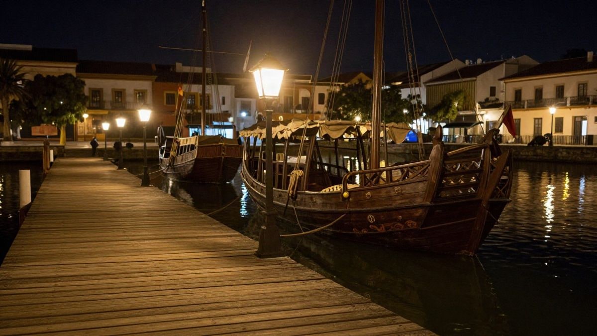 Imagen ilustrativa: muelle histórico iluminado de noche con reproducciones de naves antiguas amarradas