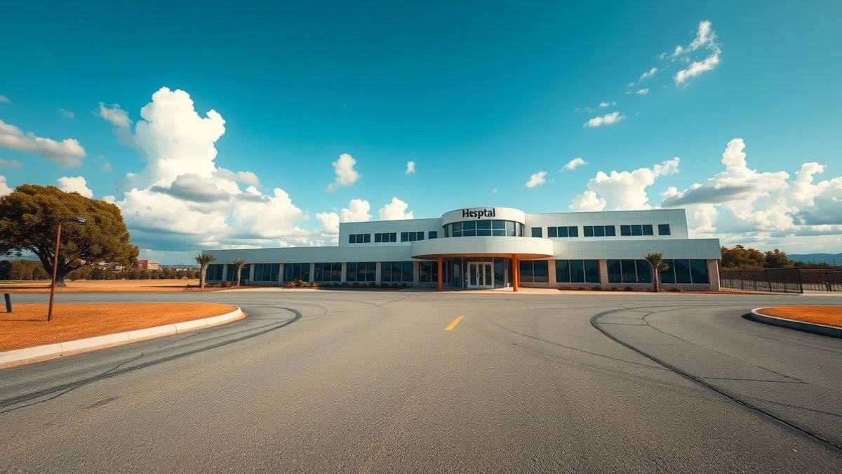 Imagen ilustrativa: vista general de un edificio hospitalario moderno y vacío en una zona rural, con una carretera nueva de acceso al fondo, bajo un cielo azul con nubes.