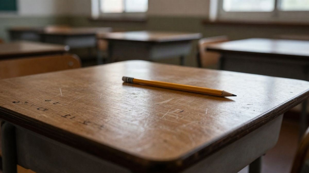 Imagen ilustrativa: detalle de una mesa escolar de madera con un lápiz y un aula desenfocada al fondo