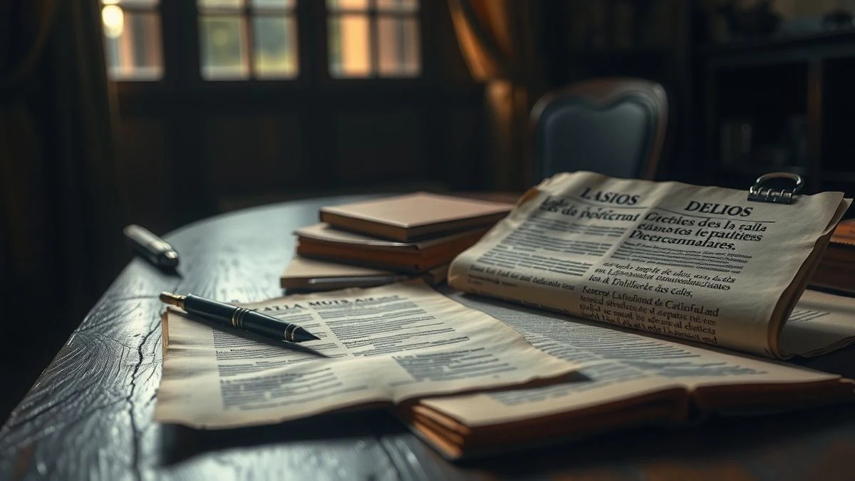 Imagen ilustrativa: una pluma y un manuscrito en latín sobre una mesa de madera junto a un documento legal moderno, con luz natural de ventana.
