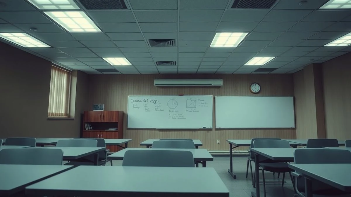 Aula vacía de formación policial con pupitres y pizarra