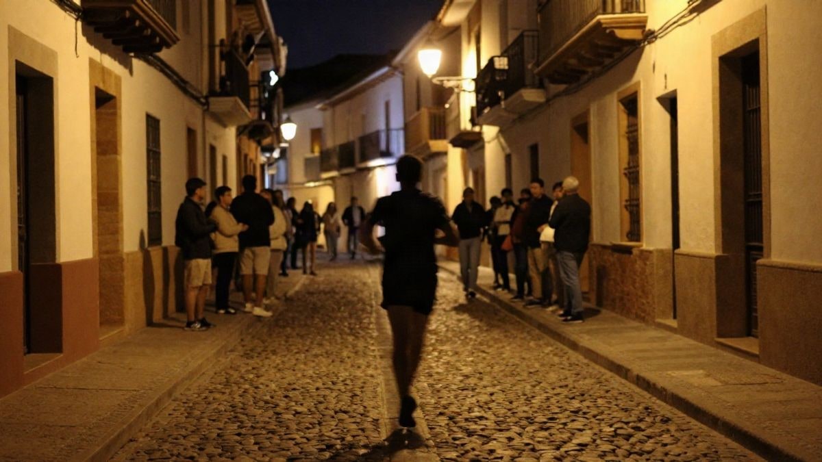 Imagen ilustrativa: corredor nocturno en una calle empedrada con farolas, ambiente de carrera popular