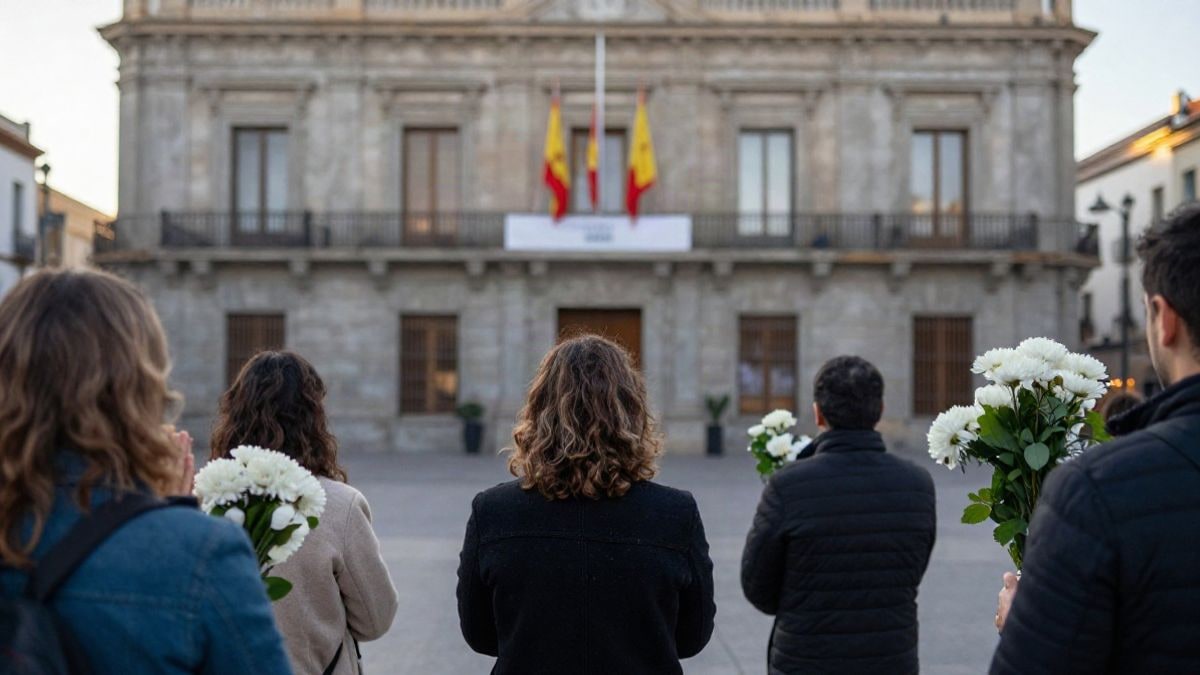 Imagen ilustrativa: grupo de personas de espaldas en una plaza ante un edificio institucional con banderas a media asta