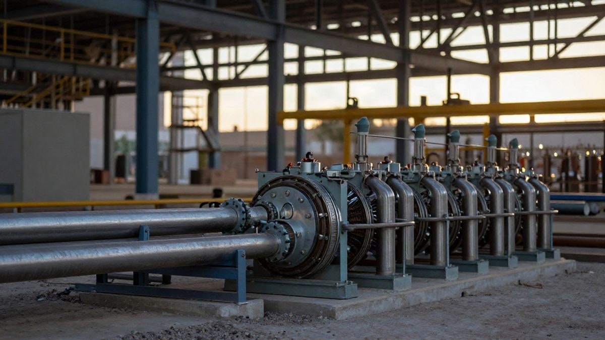 Imagen ilustrativa: instalaciones industriales de producción de hidrógeno verde en construcción al atardecer