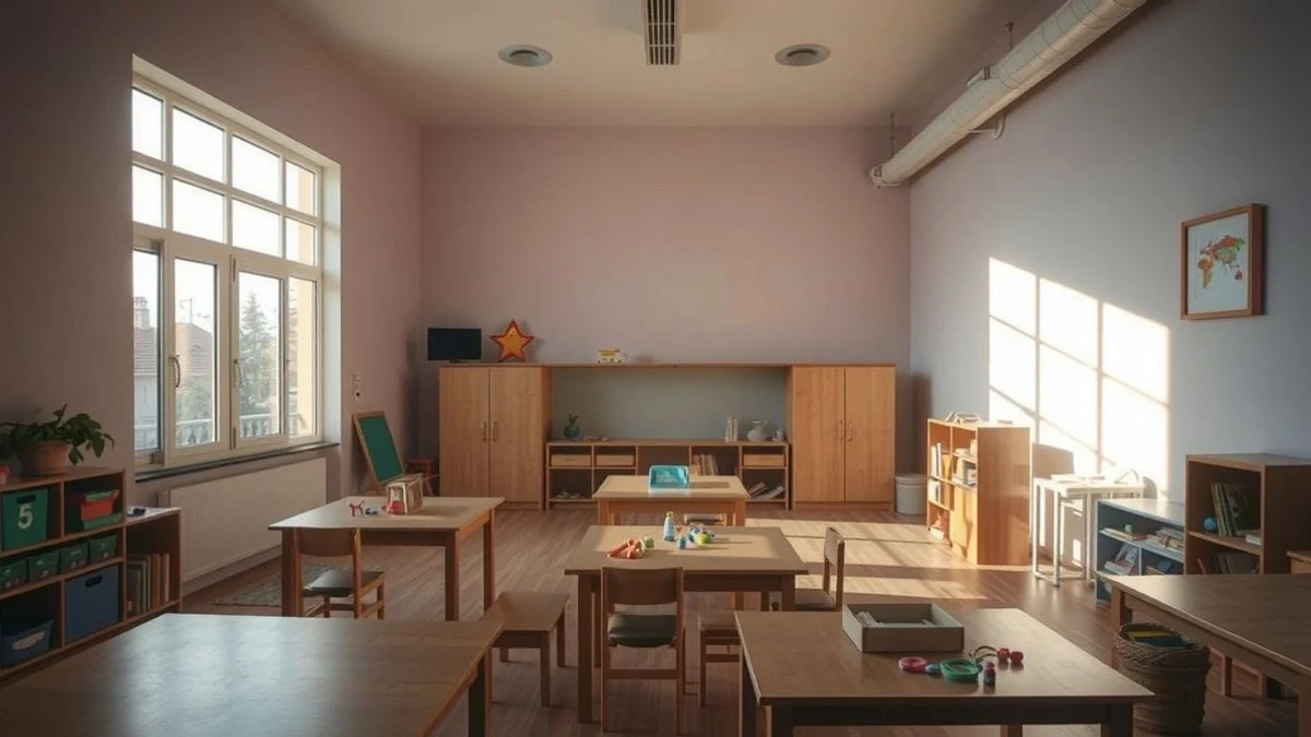 Sala de talleres con materiales educativos y luz natural de ventana lateral