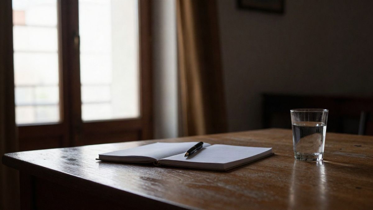 Imagen ilustrativa: mesa de madera vacía junto a una ventana con luz lateral, con una libreta cerrada y un bolígrafo