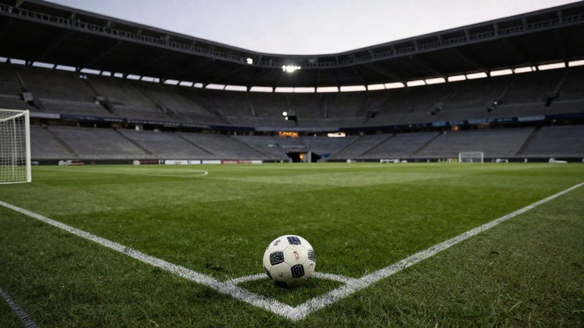 Imagen ilustrativa: un balón de fútbol sobre el punto de penalti en un estadio vacío al atardecer