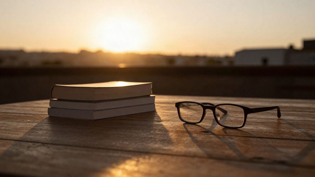 Imagen ilustrativa: mesa de madera con libros cerrados y gafas de lectura a contraluz al atardecer