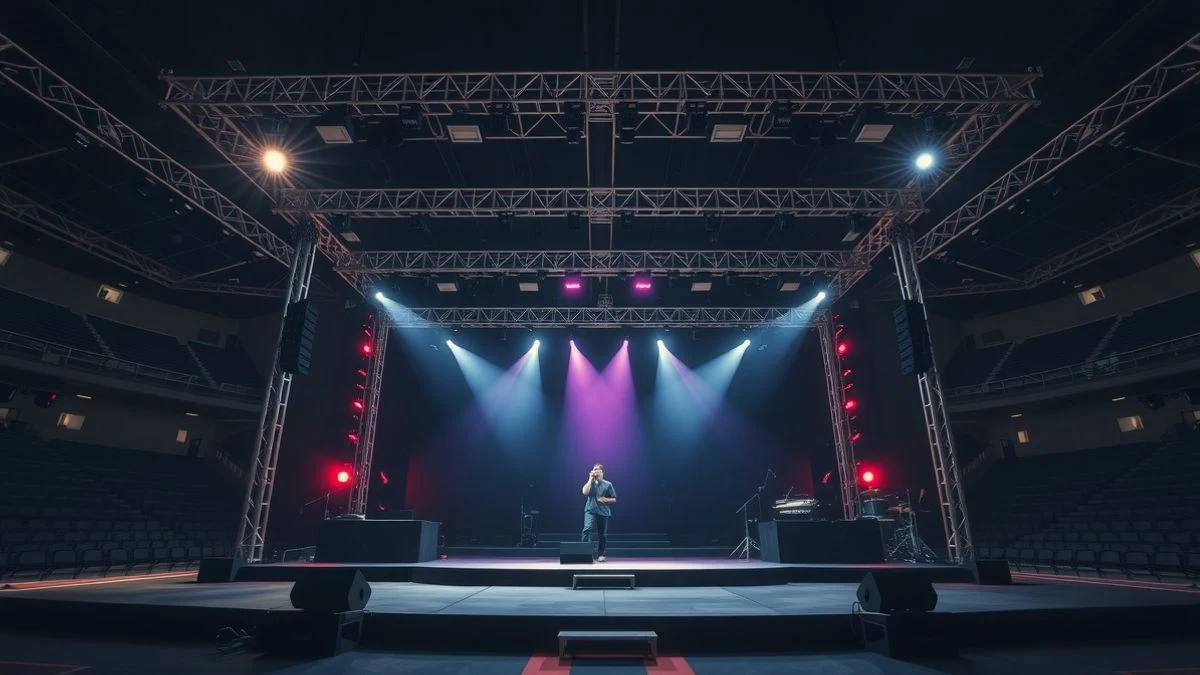 Imagen ilustrativa: escenario de concierto en un estadio por la noche, con focos y luces de colores, sin público ni artistas visibles