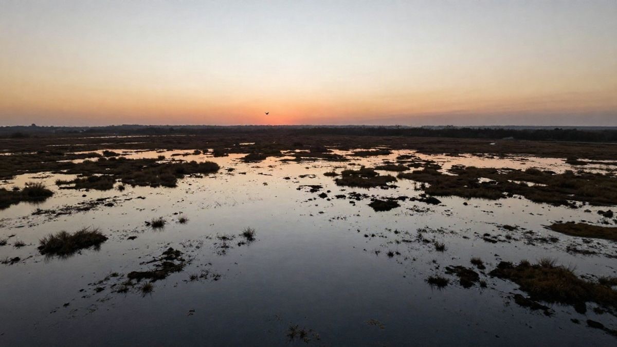 Imagen ilustrativa: vista aérea de una marisma extensa al atardecer con agua somera y vegetación seca