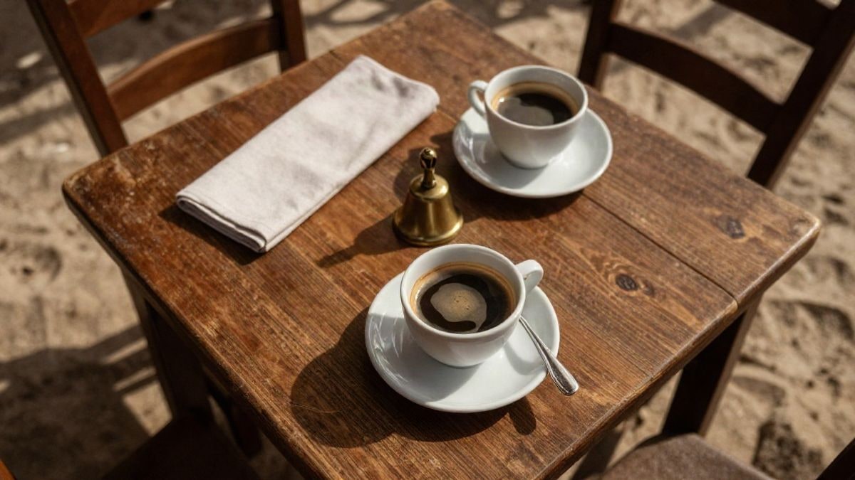 Imagen ilustrativa: mesa de madera de una terraza junto al mar vista desde arriba, con dos tazas de cerámica blanca y luz cálida de atardecer