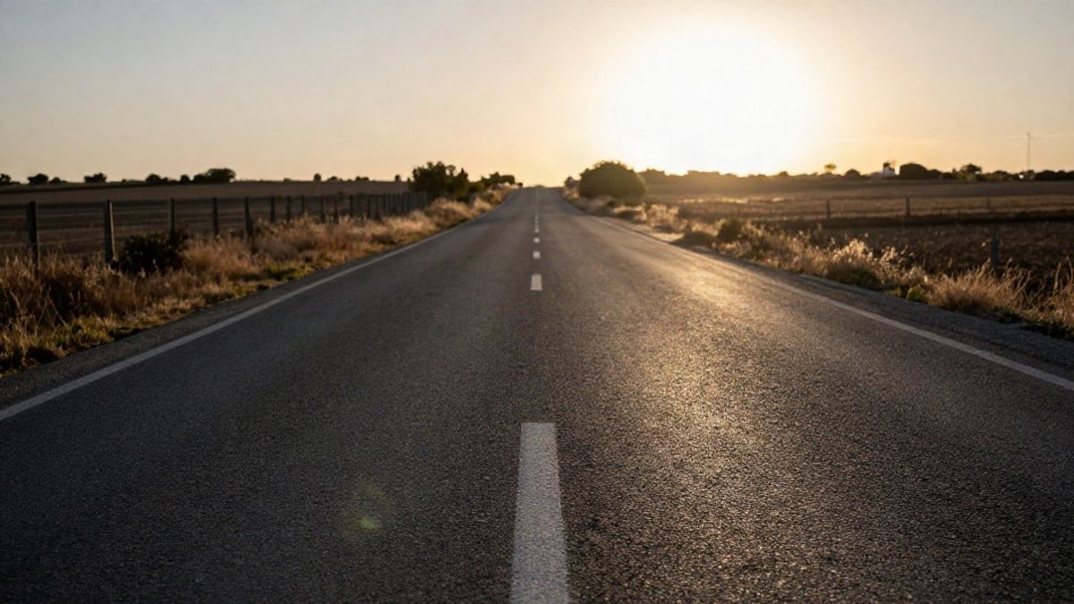 Imagen ilustrativa: carretera rural al atardecer con sombras largas y contraluz sobre el asfalto