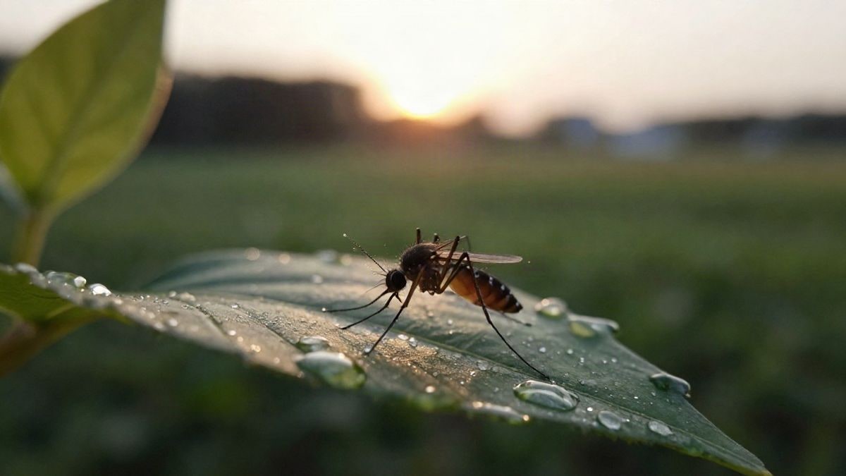 Imagen ilustrativa: un mosquito sobre una hoja con gotas de agua al atardecer.