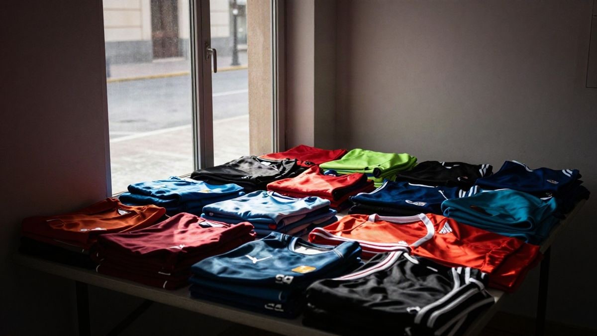 Imagen ilustrativa: puesto de mercadillo con prendas deportivas dobladas sobre una mesa junto a una ventana