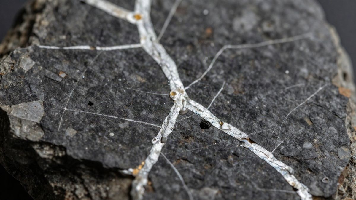 Imagen ilustrativa: primer plano de una muestra mineral con vetas metálicas sobre superficie oscura
