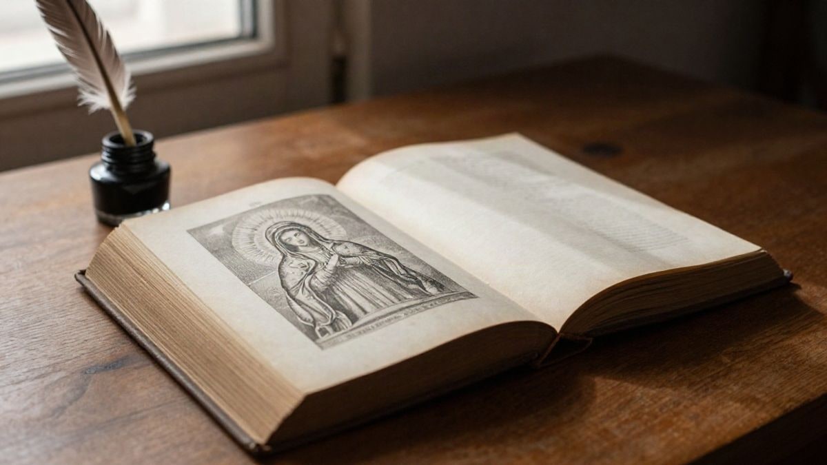 Imagen ilustrativa: un libro antiguo abierto sobre una mesa de madera con un grabado mariano y luz tenue de ventana