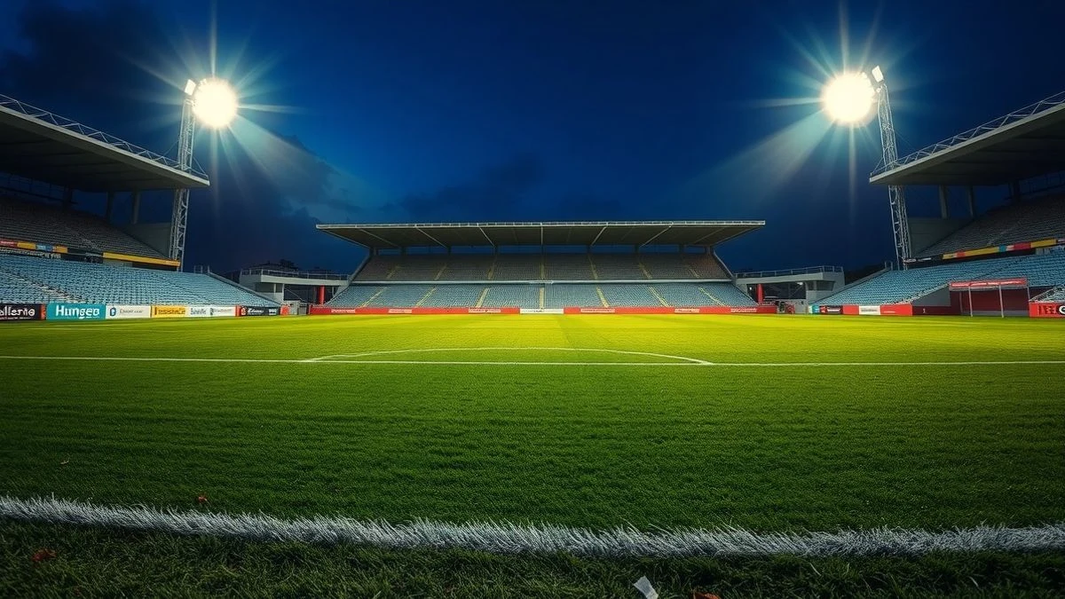 Estadio Nuevo Colombino de Huelva vacío al atardecer con los focos encendidos