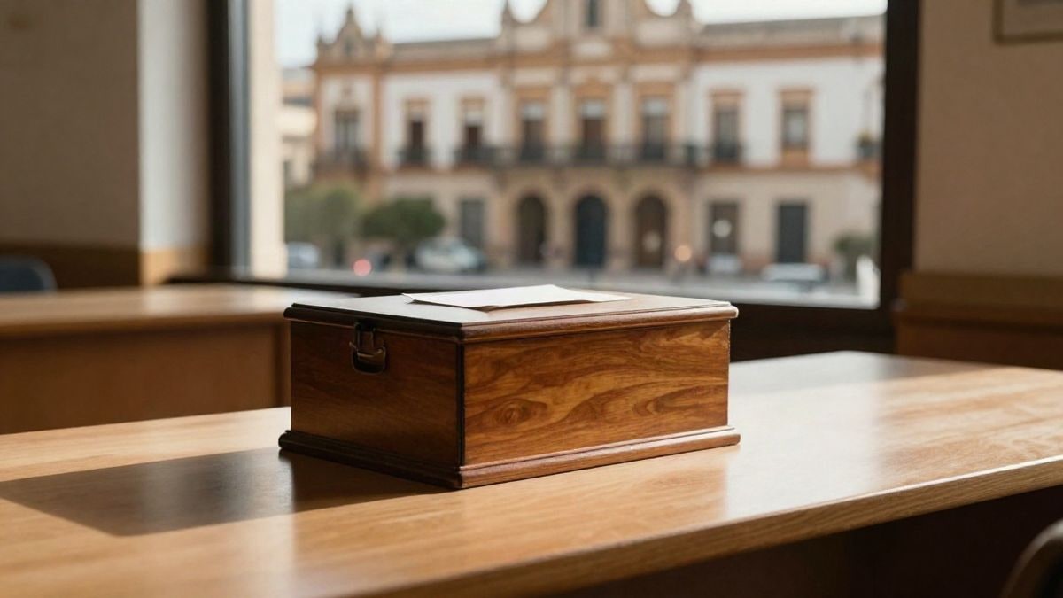 Imagen ilustrativa: una urna de madera sobre una mesa vacía junto a una ventana iluminada al atardecer