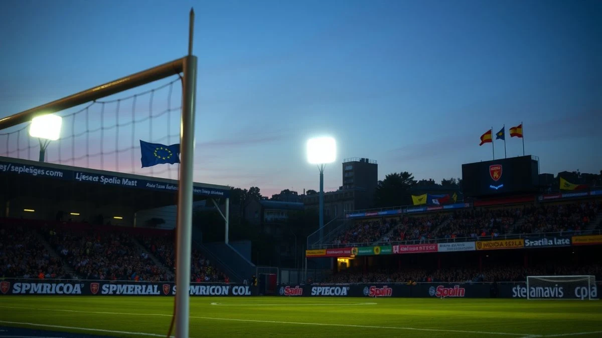 Imagen ilustrativa: campo de fútbol iluminado al atardecer con gradas de fondo