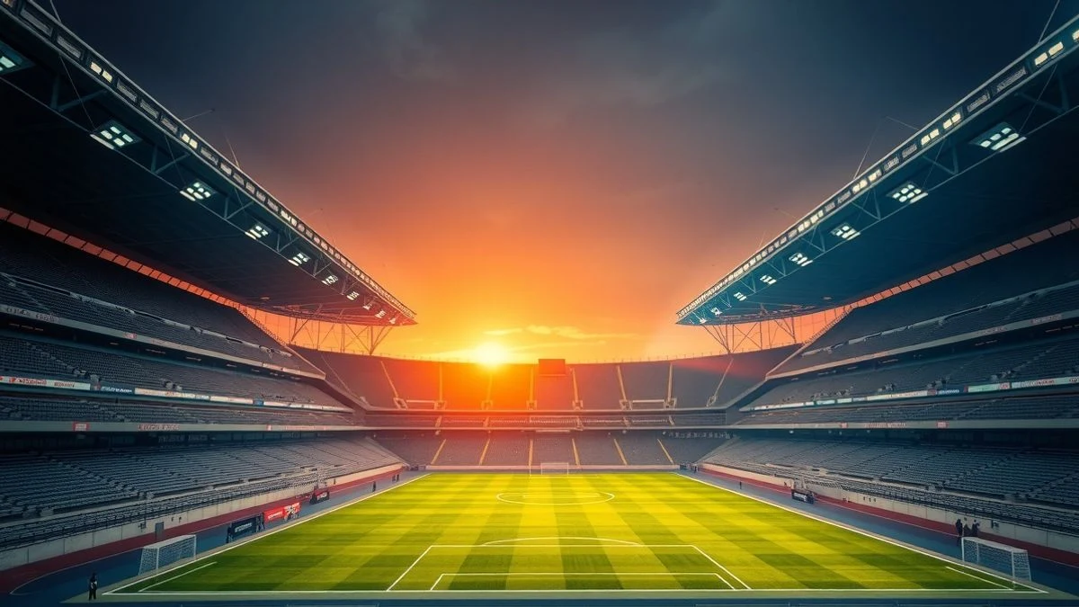Estadio de fútbol vacío visto desde el túnel de vestuarios con luz de atardecer