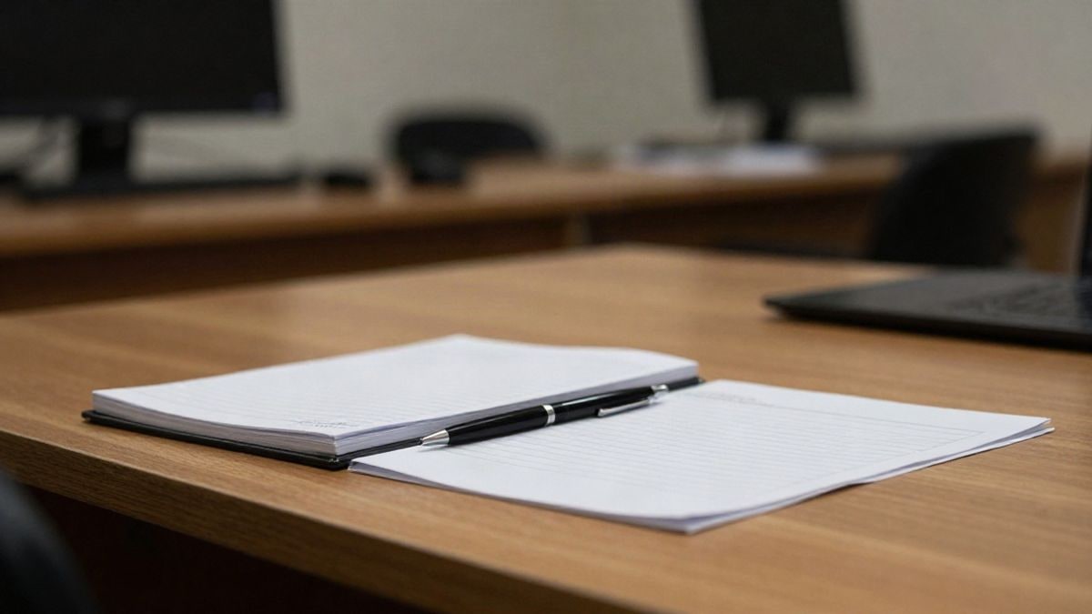 Imagen ilustrativa: escritorio de madera con una libreta cerrada, un bolígrafo y un formulario en blanco