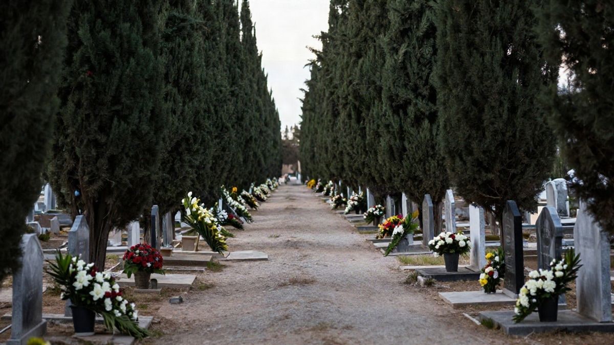 Imagen ilustrativa: pasillo de un cementerio con cipreses a ambos lados y flores junto a las lápidas al atardecer