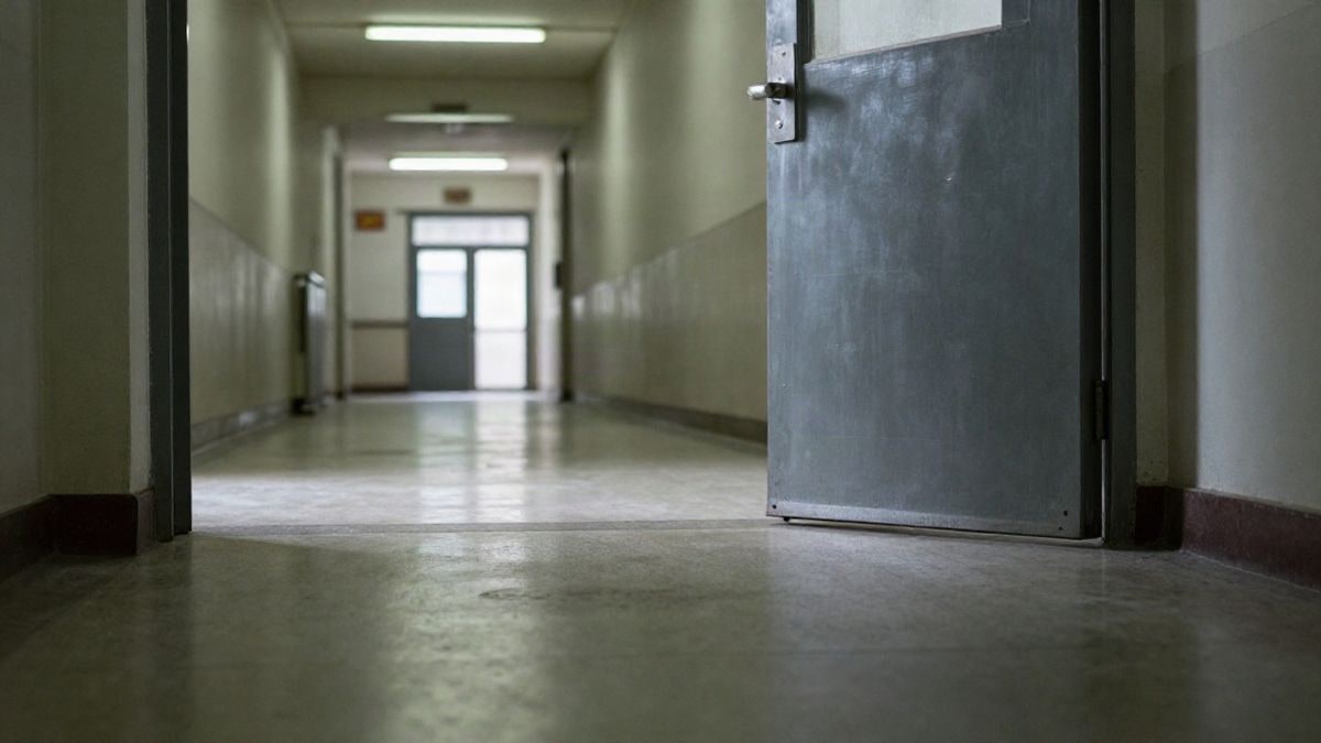 Imagen ilustrativa: pasillo institucional vacío con una puerta metálica entreabierta al fondo