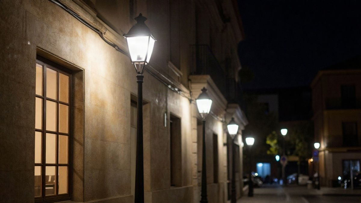 Imagen ilustrativa: fachada de un edificio de oficinas iluminado de noche por farolas y una ventana encendida