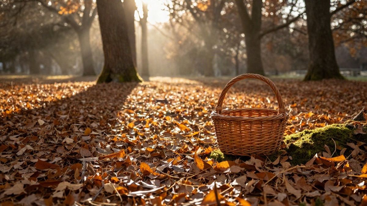 Imagen ilustrativa: cesta de mimbre sobre el suelo de un bosque de otoño, con hojas doradas y luz de atardecer a contraluz