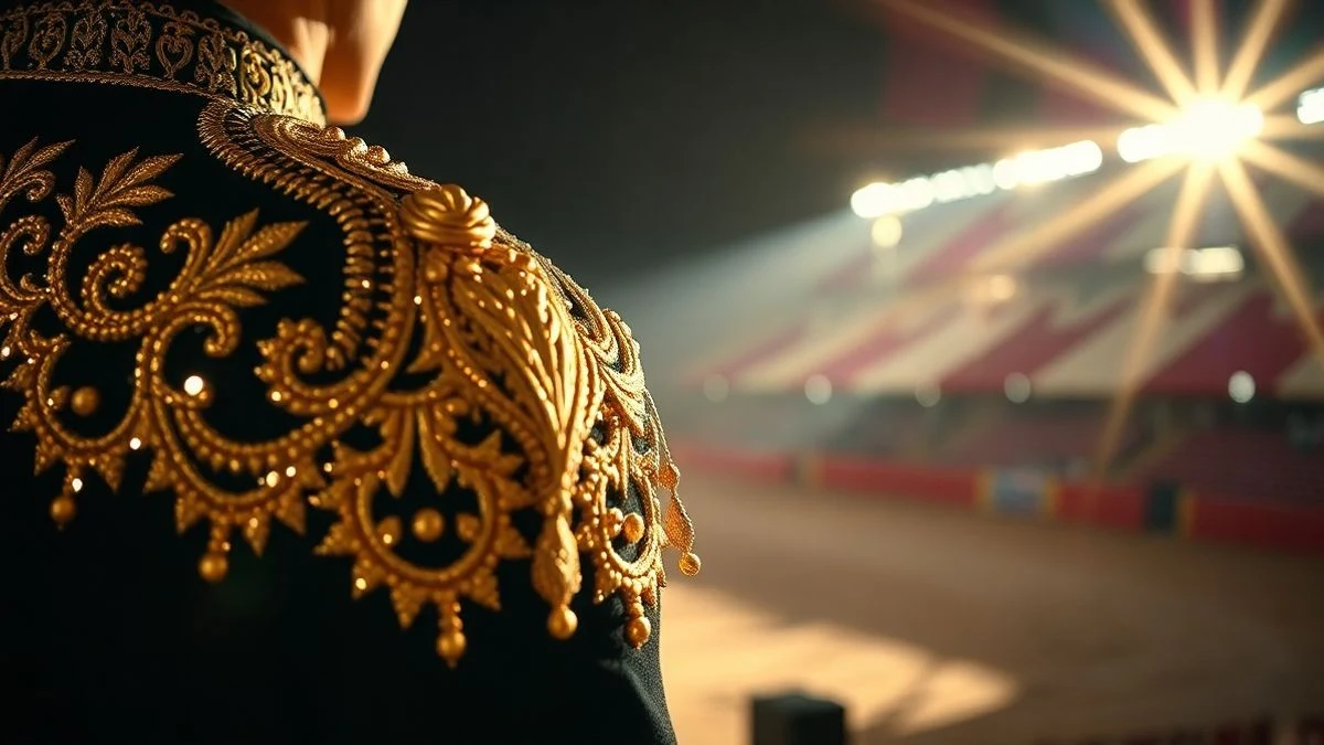 Imagen ilustrativa: un traje de luces colgado en una silla en el pasillo de una plaza de toros, con luz dramática.