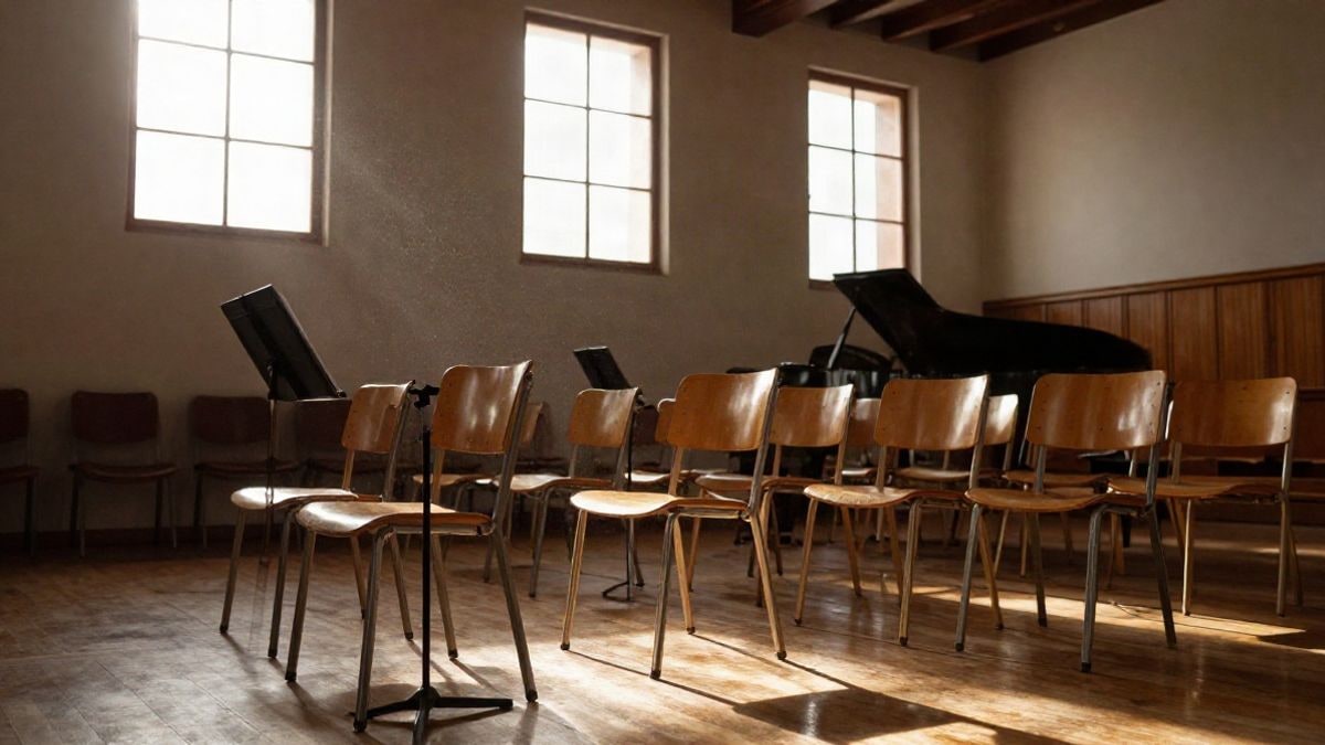 Imagen ilustrativa: sala de ensayo de coro vacía con sillas y atriles de partituras iluminada por luz natural