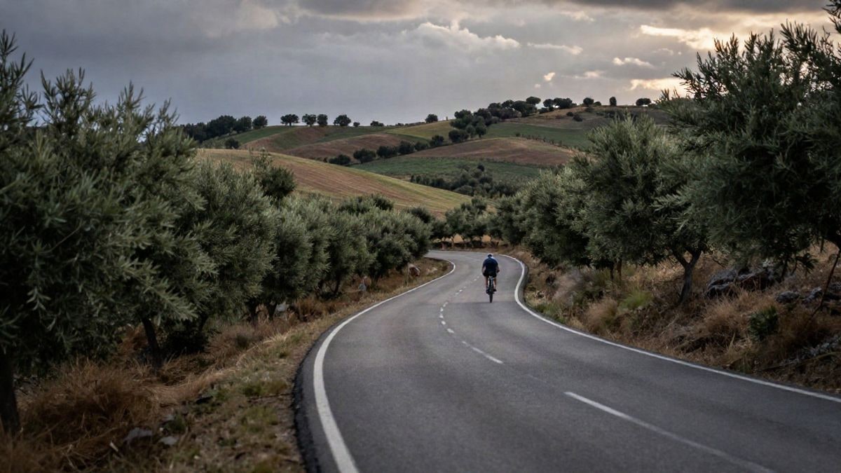 Imagen ilustrativa: carretera vacía entre colinas andaluzas con un ciclista diminuto al fondo