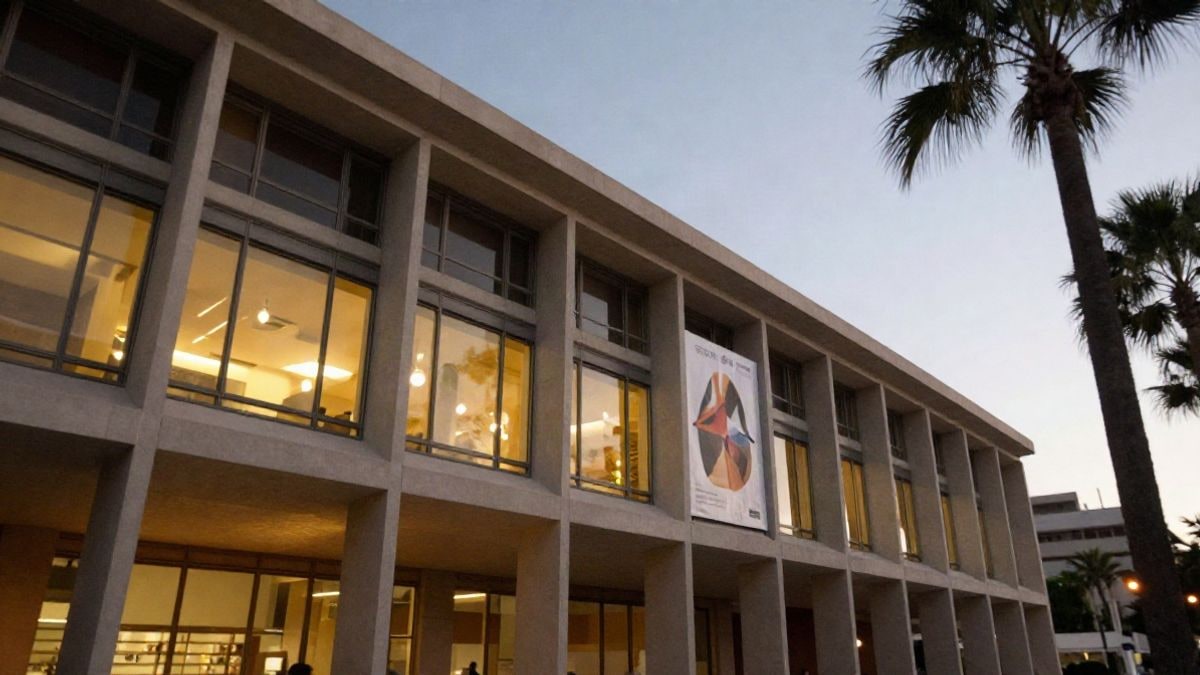Imagen ilustrativa: fachada de un centro cultural moderno iluminado al atardecer, con ventanales y ambiente veraniego.
