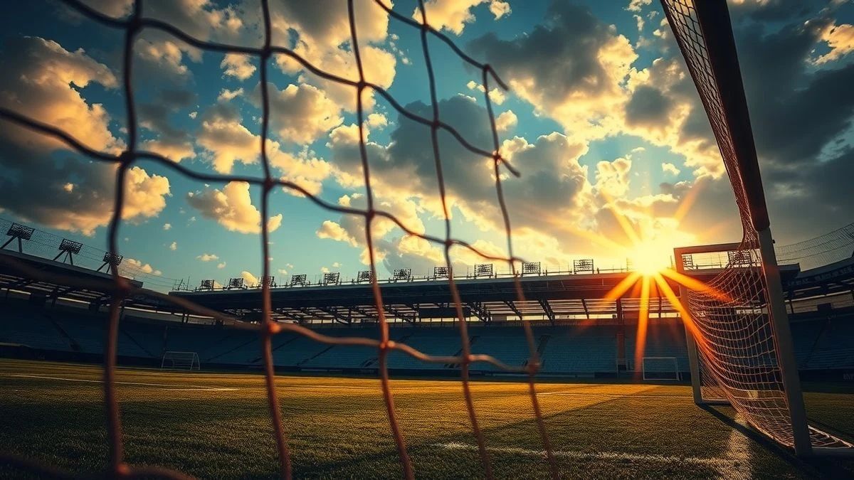 Imagen ilustrativa: una portería de fútbol vacía con la red, vista desde el suelo, con luz de atardecer y un estadio al fondo sin público.