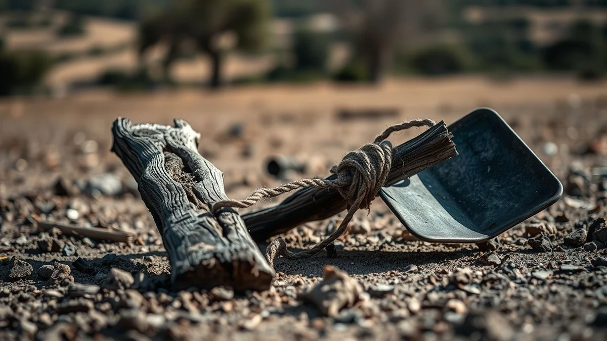 Primer plano de una tabla de madera carbonizada y una chapa metálica retorcida en el suelo, con un campo seco al fondo