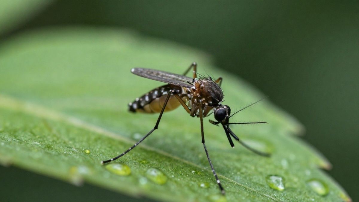 Imagen ilustrativa: primer plano de un mosquito sobre una hoja verde con gotas de rocío