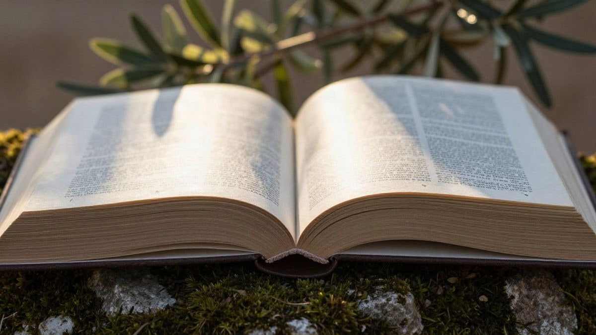 Imagen ilustrativa: un libro abierto sobre una piedra cubierta de musgo en un bosque con luz dorada
