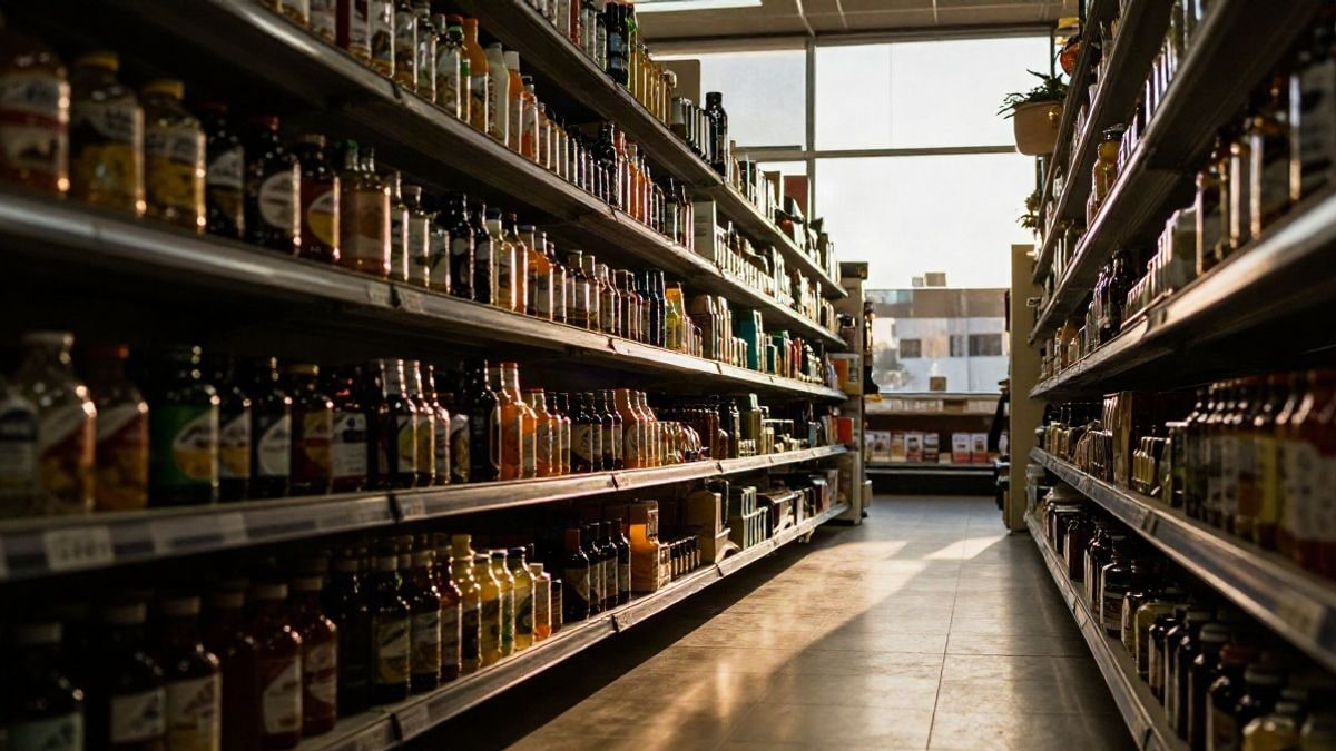 Imagen ilustrativa: pasillo de supermercado con estanterías a contraluz al atardecer