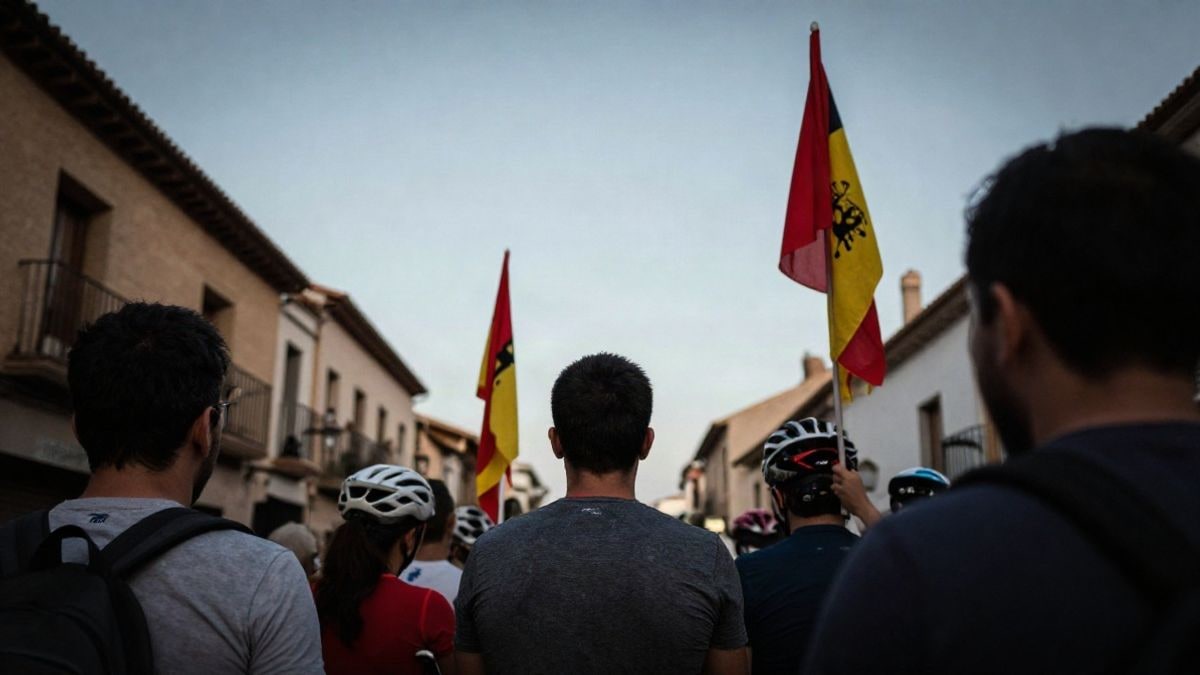 Imagen ilustrativa: aficionados al ciclismo de espaldas animando en una calle española bajo un cielo despejado
