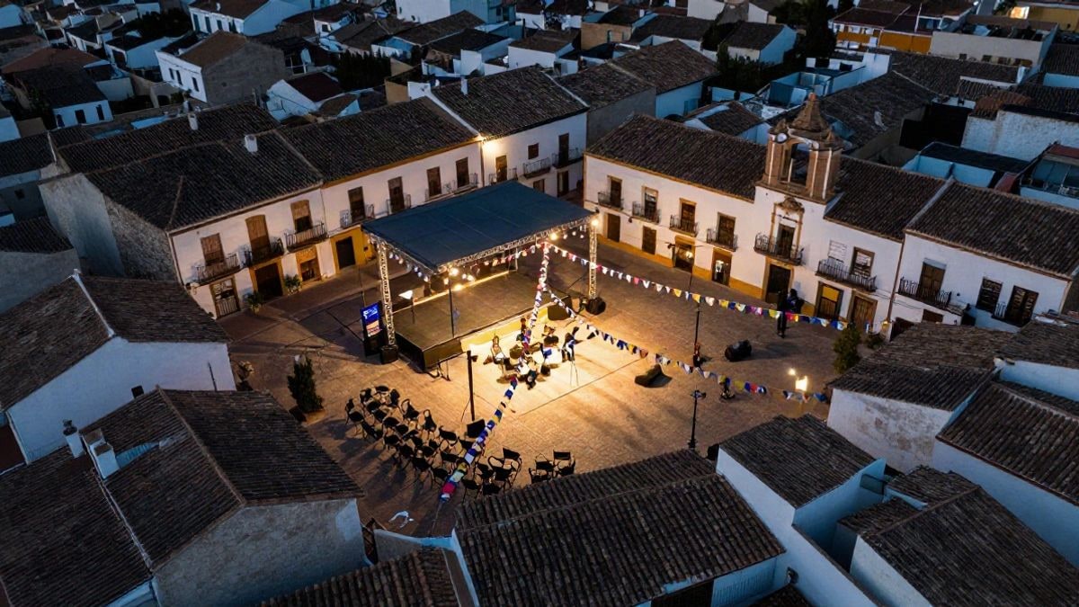 Imagen ilustrativa: vista aérea de una plaza andaluza engalanada con luces y un escenario para las fiestas