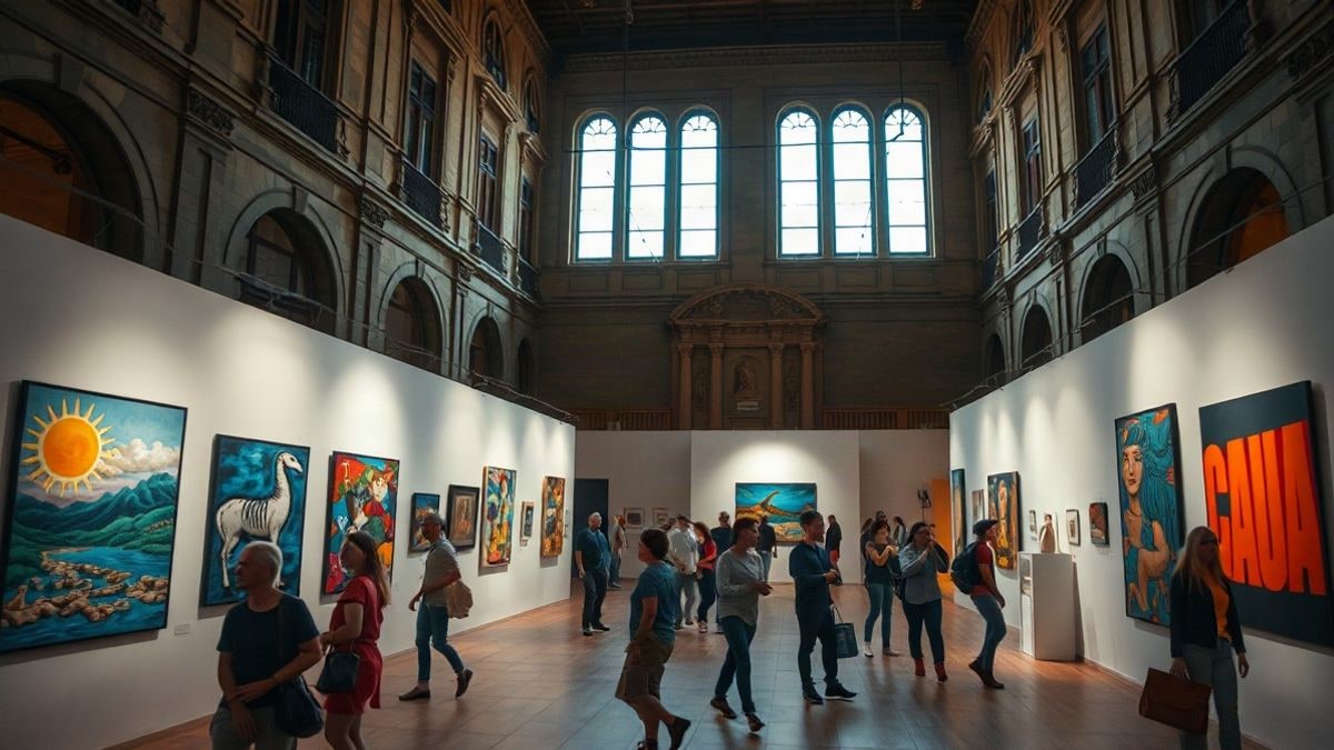 Imagen ilustrativa: sala de exposiciones con obras de arte contemporáneo y visitantes de espaldas