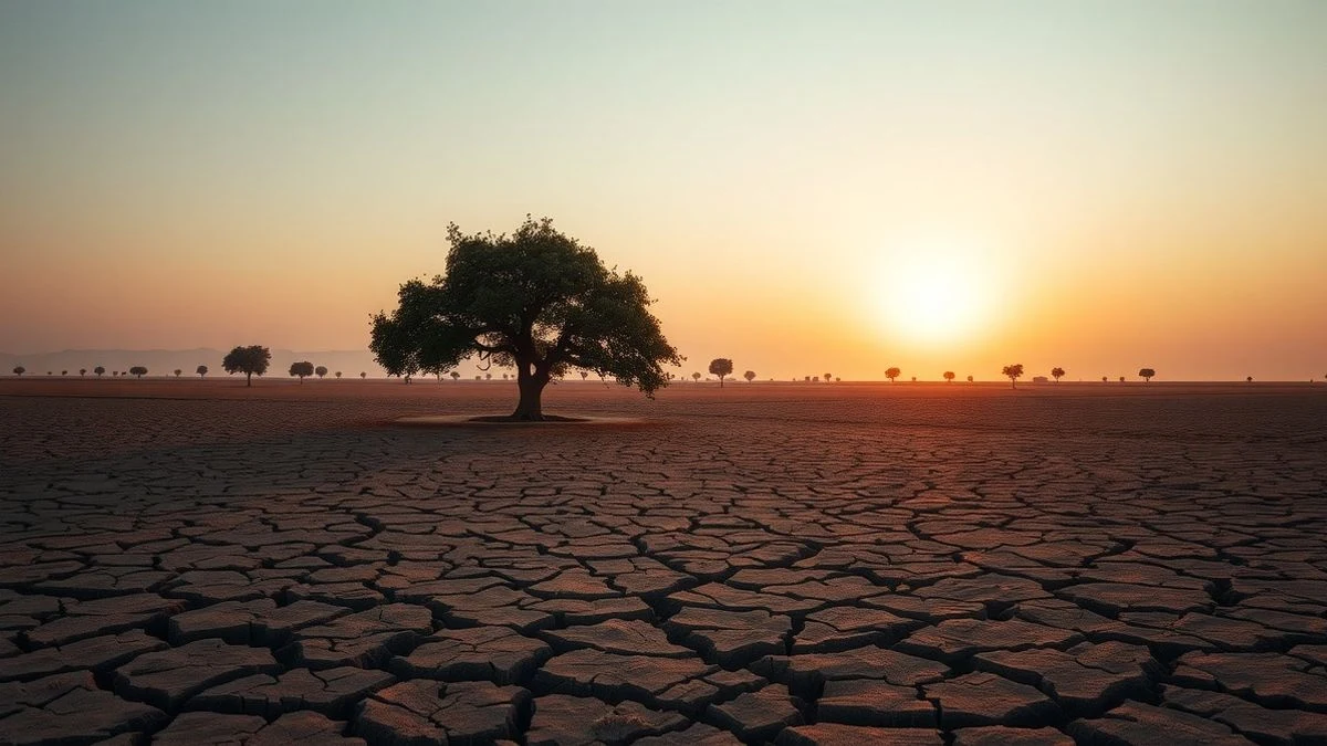 Imagen ilustrativa: campo seco y agrietado en el Andévalo al atardecer, con un árbol solitario y el sol brillante en el horizonte.