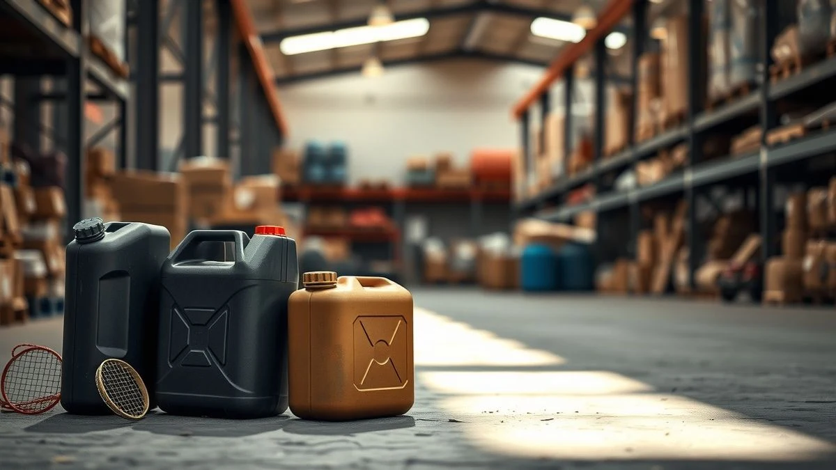 Petacas de combustible apiladas en un suelo industrial con un almacén desenfocado al fondo