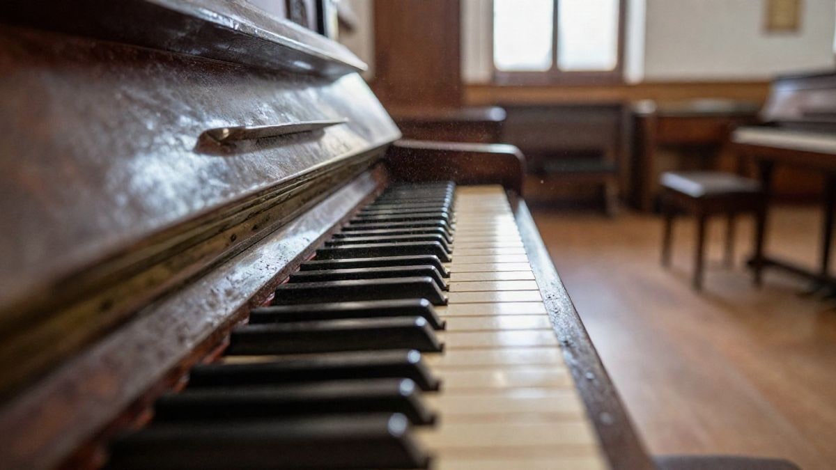 Imagen ilustrativa: primer plano de las teclas desgastadas de un piano antiguo en una sala vacía