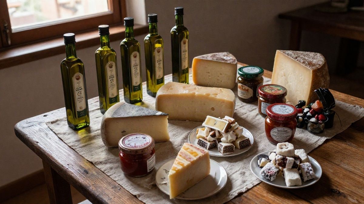 Imagen ilustrativa: vista cenital de una mesa con aceites, quesos, conservas y dulces navideños artesanos