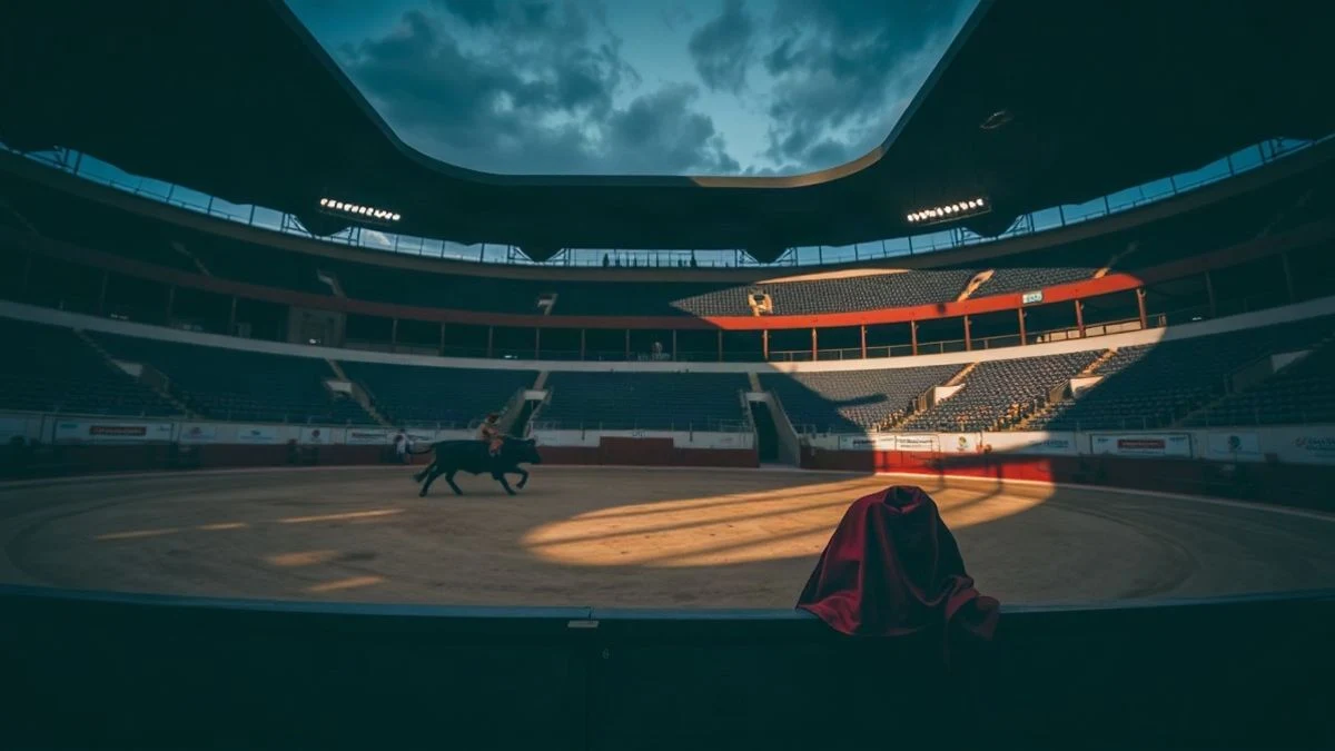 Imagen ilustrativa: plaza de toros vacía al atardecer con un capote rojo sobre la barrera, sin personas.